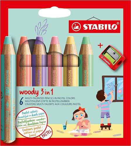 Crayon multi-talents "Woody 3 en 1" - Etui de 6 Pastel