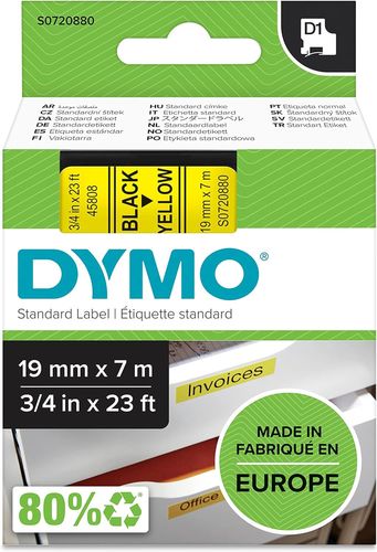 Ruban d'étiquette plastique D1 - 19 mm x 7 m - Noir/jaune