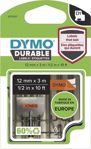 Ruban d'étiquette plastique D1 - 12 mm x 3 m - Noir/orange