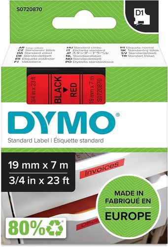 Ruban d'étiquette plastique D1 - 19 mm x 7 m - Noir/rouge