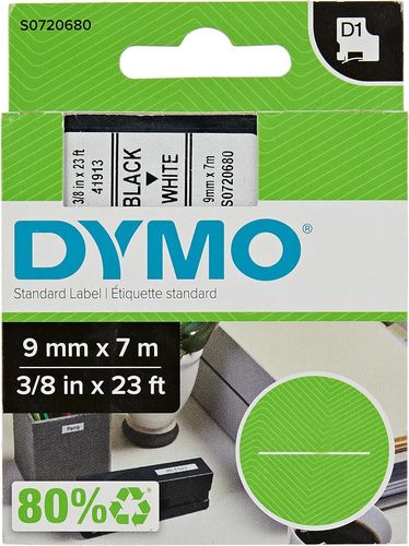 Ruban d'étiquette plastique D1 - 9 mm x 7 m - Noir/blanc